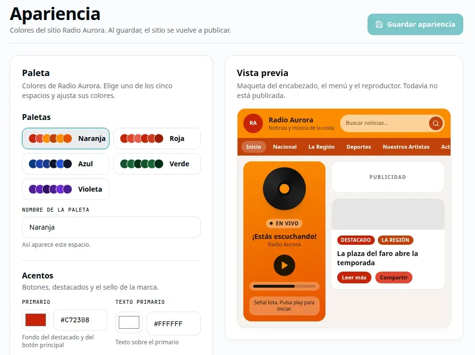 Apariencia del panel de noticias: paletas de color y vista previa del sitio de Radio Aurora.