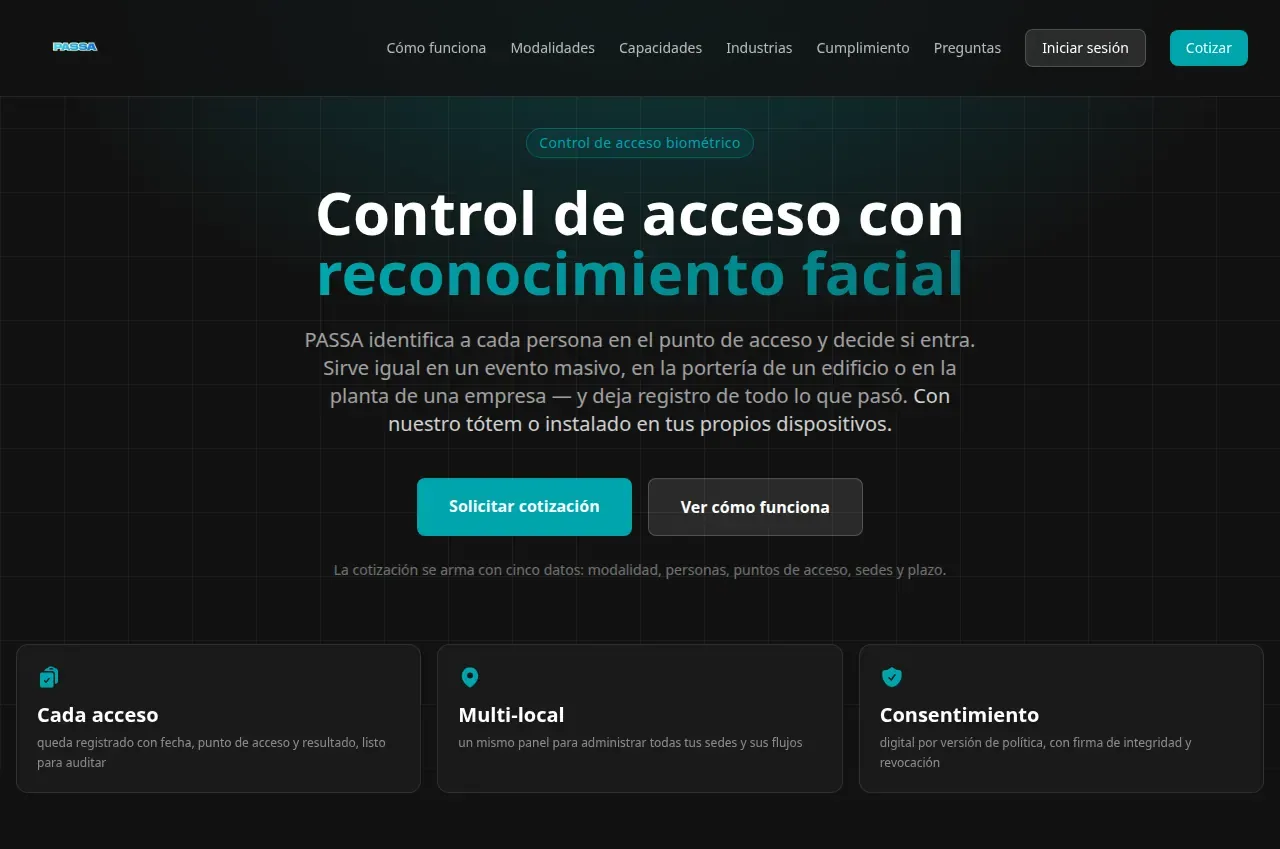 Inicio de PASSA: control de acceso con reconocimiento facial, con el titular y los botones para cotizar y ver cómo funciona.